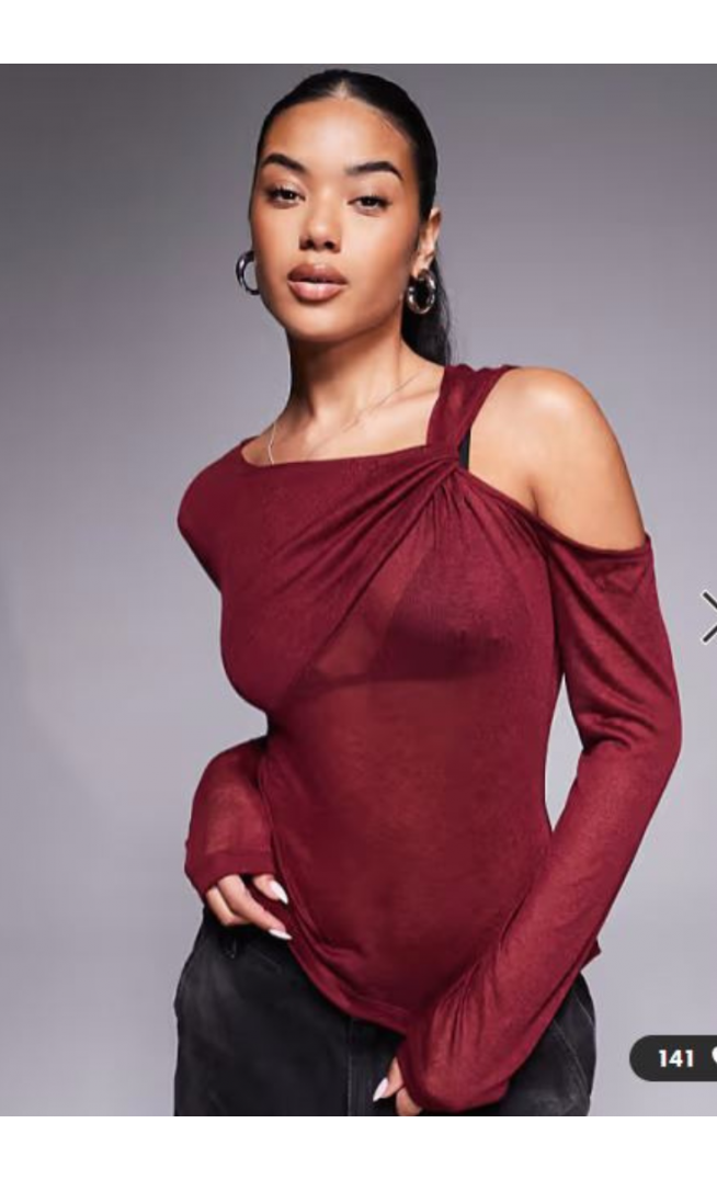 ASOS DESIGN knit-look semi sheer long sleeve top with drape cold shoulder in burgundy