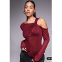 ASOS DESIGN knit-look semi sheer long sleeve top with drape cold shoulder in burgundy