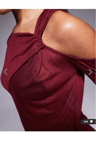 ASOS DESIGN knit-look semi sheer long sleeve top with drape cold shoulder in burgundy
