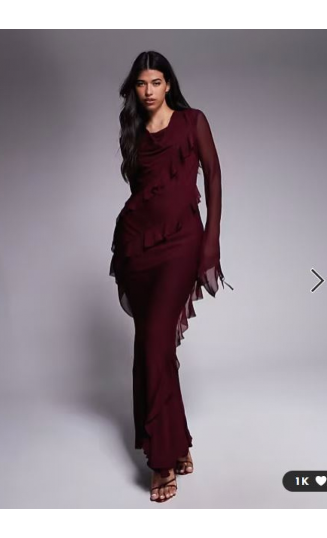 Daska chiffon ruffle maxi dress in burgundy