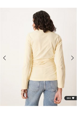 ASOS DESIGN asymmetric hem long sleeve ruched side top in yellow