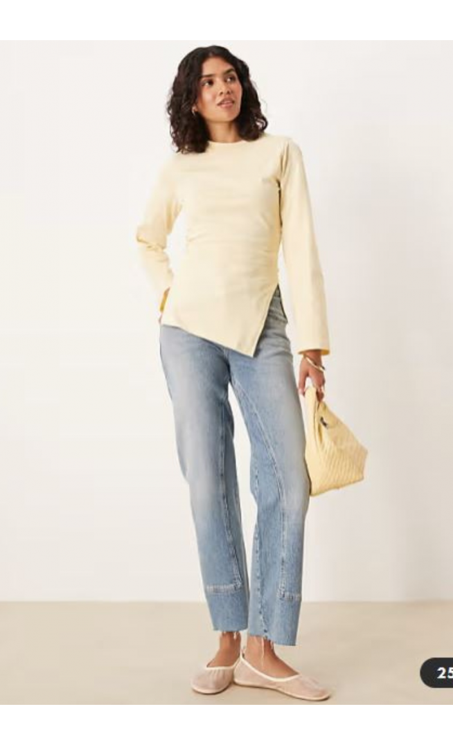 ASOS DESIGN asymmetric hem long sleeve ruched side top in yellow