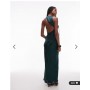 ASOS DESIGN bias cut satin panelled maxi dress with asymmetric back in dark green