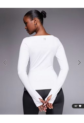 4505 active boat neck long sleeve top with thumbhole in white