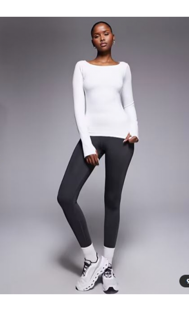 4505 active boat neck long sleeve top with thumbhole in white