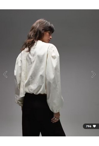 ASOS DESIGN poplin tie neck blouse in oyster
