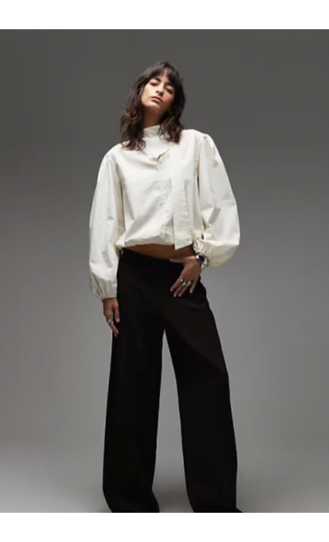ASOS DESIGN poplin tie neck blouse in oyster