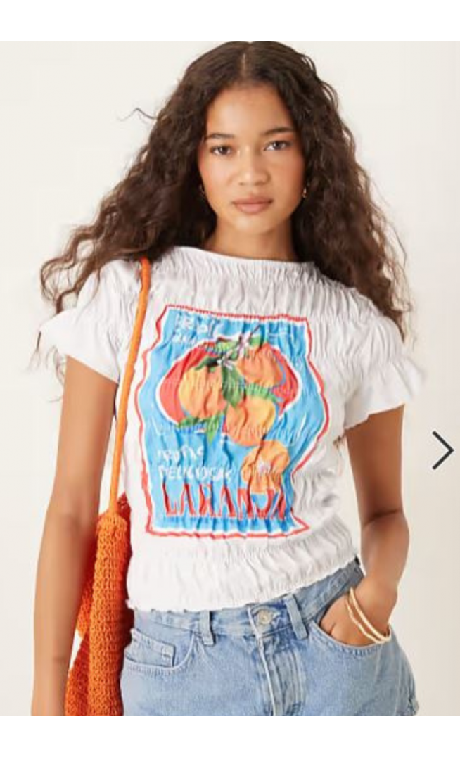 ASOS DESIGN shirred baby tee with brazil lemons in white