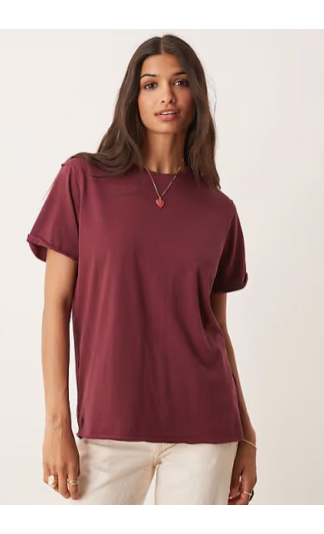 ASOS DESIGN slouchy raw edge regular fit t-shirt in washed cherry