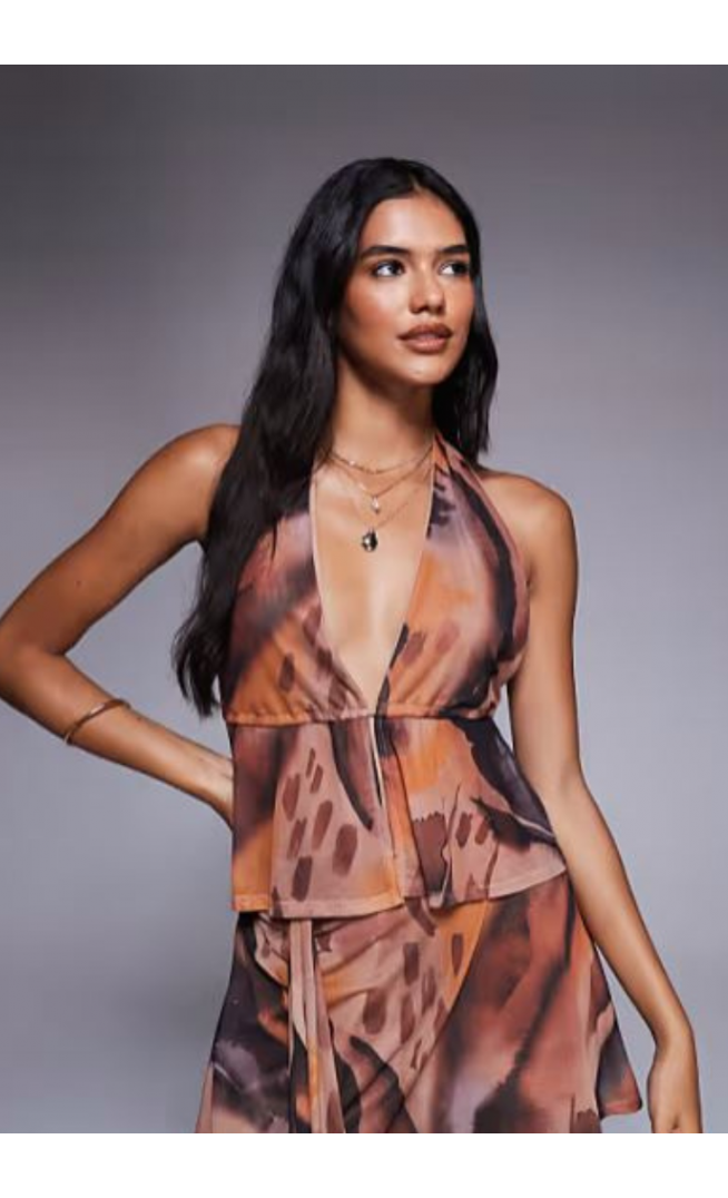 ASOS DESIGN co-ord mesh halterneck top with open back in brown abstract print