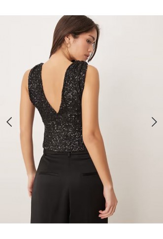 Gina Tricot front sequin top in black