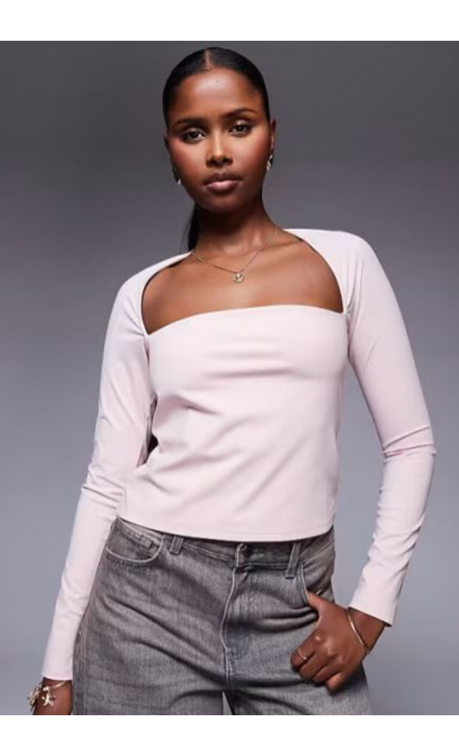 ASOS DESIGN shrug detail long sleeve top with curve bust in baby pink