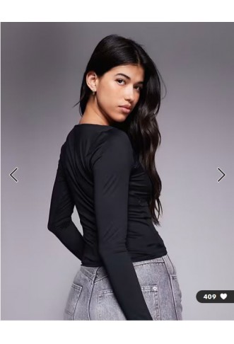 ASOS DESIGN slinky lace trim square neck ruched front long sleeve top in black
