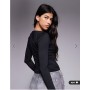 ASOS DESIGN slinky lace trim square neck ruched front long sleeve top in black
