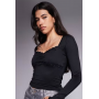 ASOS DESIGN slinky lace trim square neck ruched front long sleeve top in black