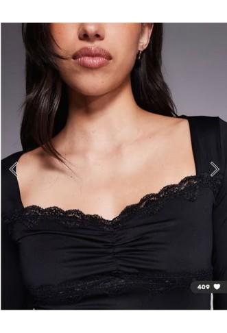 ASOS DESIGN slinky lace trim square neck ruched front long sleeve top in black