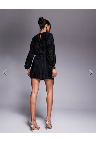 ASOS DESIGN plisse blouson sleeve and waist mini dress in black