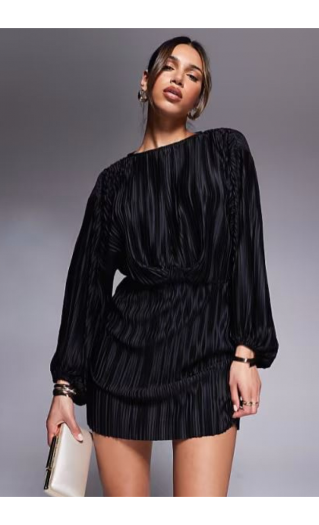 ASOS DESIGN plisse blouson sleeve and waist mini dress in black