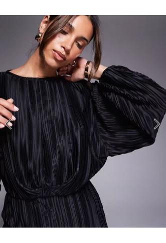 ASOS DESIGN plisse blouson sleeve and waist mini dress in black