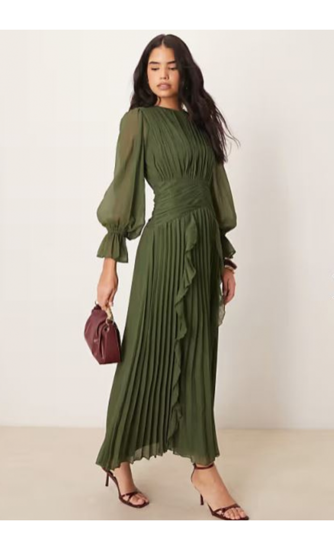 ASOS DESIGN high neck ruched belt detail maxi dress in dark green