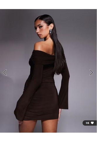 Kaiia exclusive slinky bardot flare sleeve mesh insert mini dress in chocolate