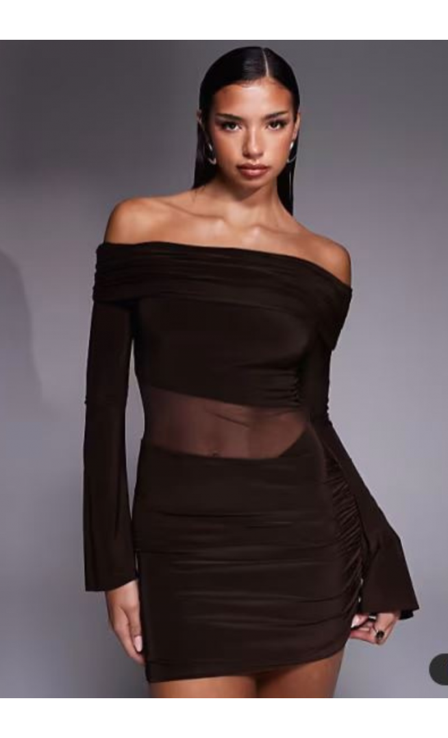 Kaiia exclusive slinky bardot flare sleeve mesh insert mini dress in chocolate