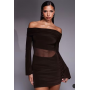 Kaiia exclusive slinky bardot flare sleeve mesh insert mini dress in chocolate