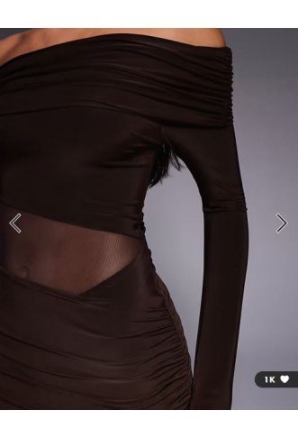 Kaiia exclusive slinky bardot flare sleeve mesh insert mini dress in chocolate