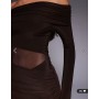 Kaiia exclusive slinky bardot flare sleeve mesh insert mini dress in chocolate
