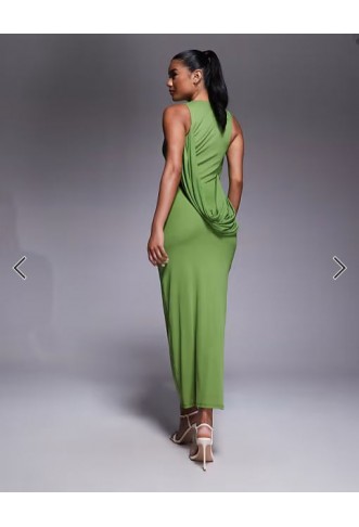 ASOS DESIGN mesh trim waist drape midi dress in green