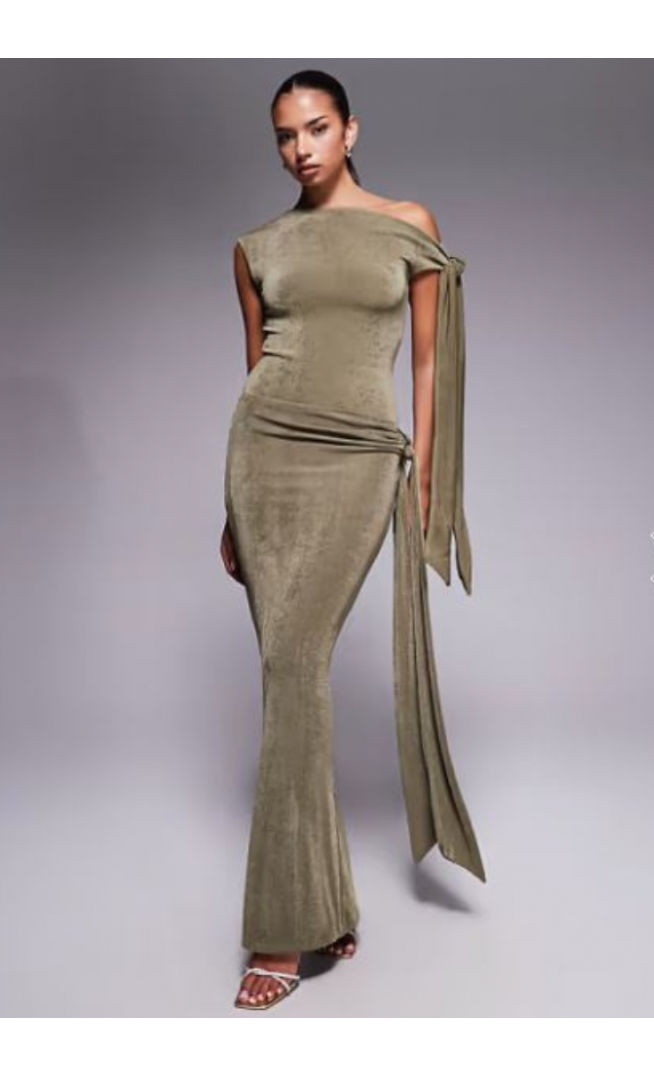 Wander Doll Noa premium textured slinky drape off-shoulder tie detail body and maxi skirt set in khaki