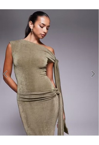 Wander Doll Noa premium textured slinky drape off-shoulder tie detail body and maxi skirt set in khaki