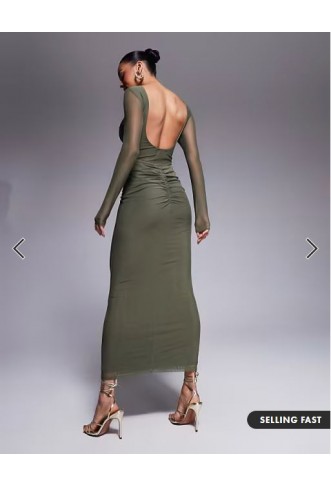 ASOS DESIGN mesh long sleeve slash neck open back maxi dress with sash in khaki