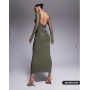 ASOS DESIGN mesh long sleeve slash neck open back maxi dress with sash in khaki