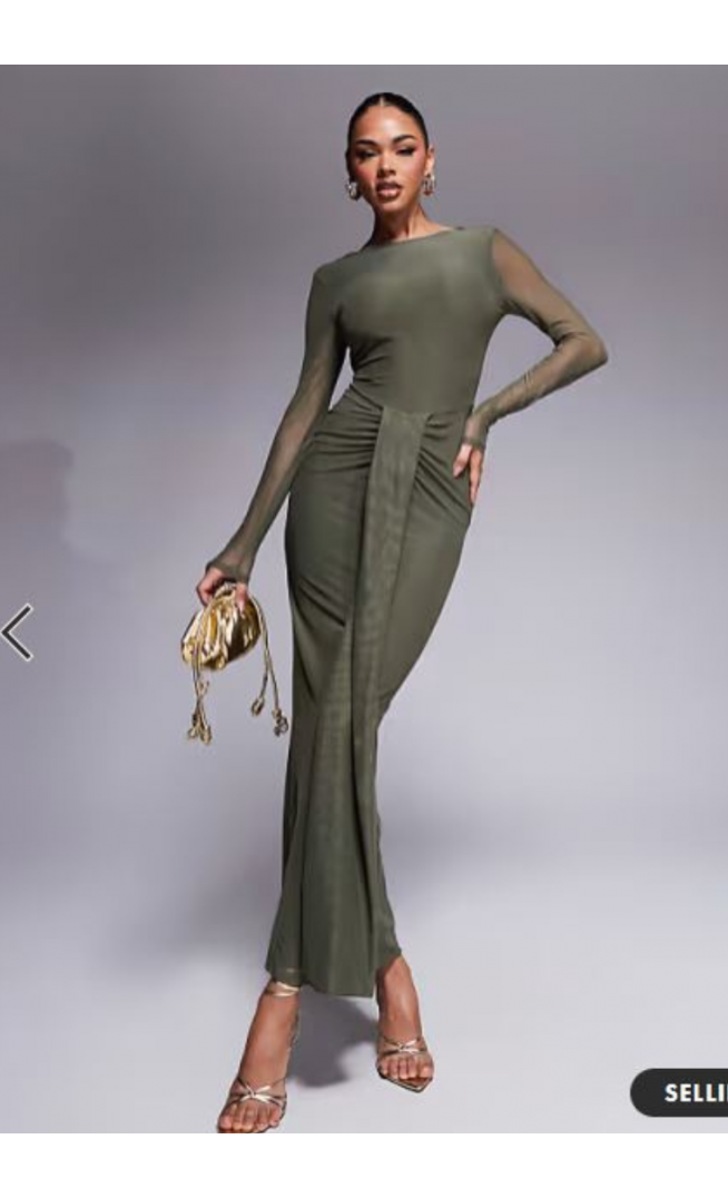 ASOS DESIGN mesh long sleeve slash neck open back maxi dress with sash in khaki