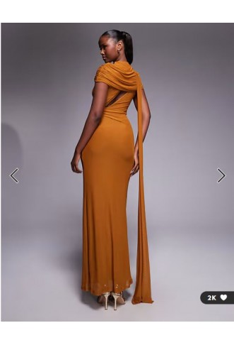 ASOS DESIGN mesh cape detail maxi dress with draped back in burnt yellow