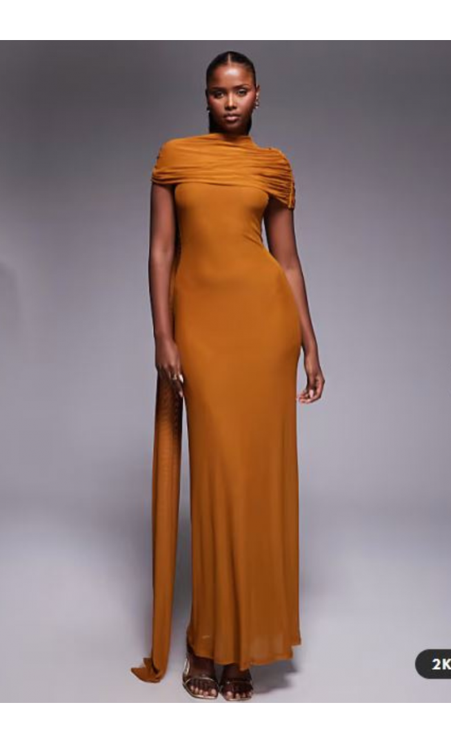 ASOS DESIGN mesh cape detail maxi dress with draped back in burnt yellow