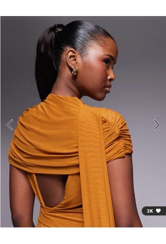 ASOS DESIGN mesh cape detail maxi dress with draped back in burnt yellow