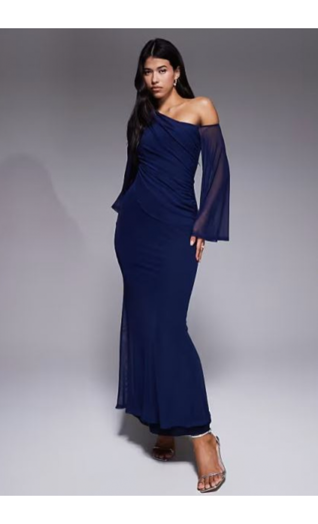 ASOS DESIGN off shoulder wide sleeve draped maxi dress in navy