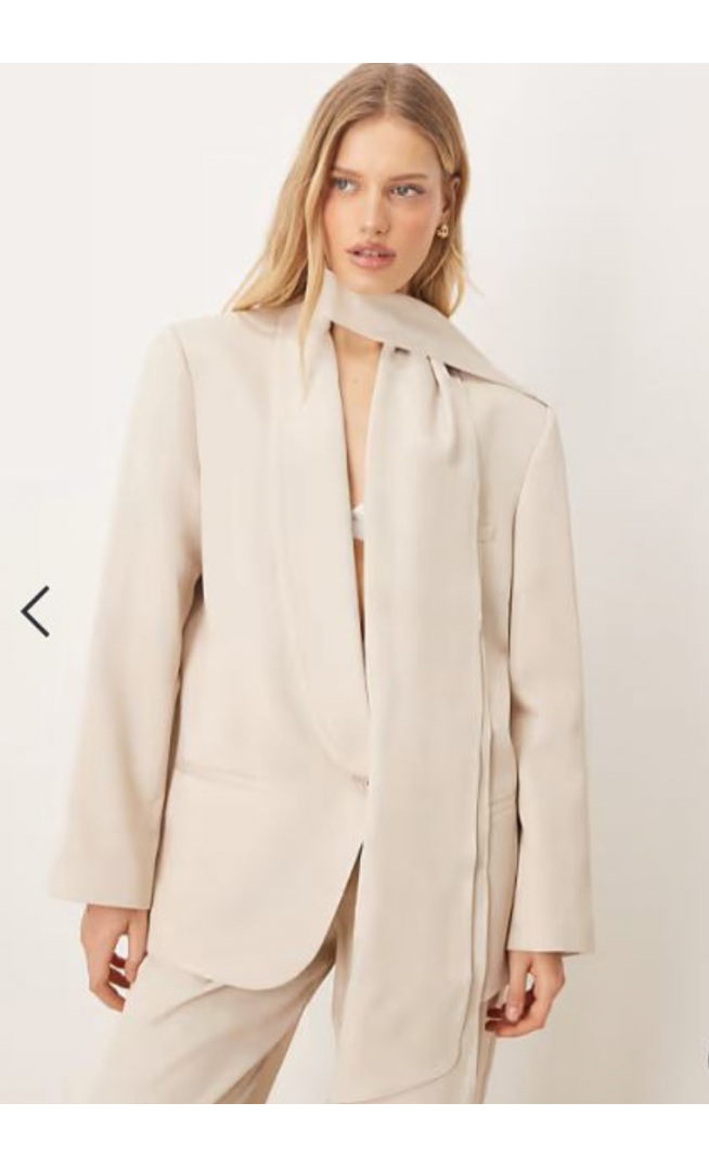 ASOS DESIGN occasion satin blazer with scarf detail in cream