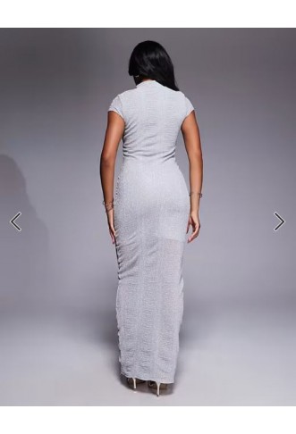 ASOS DESIGN ribbed glitter cap sleeve midi bodycon dress in silver