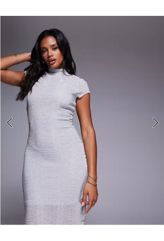 ASOS DESIGN ribbed glitter cap sleeve midi bodycon dress in silver