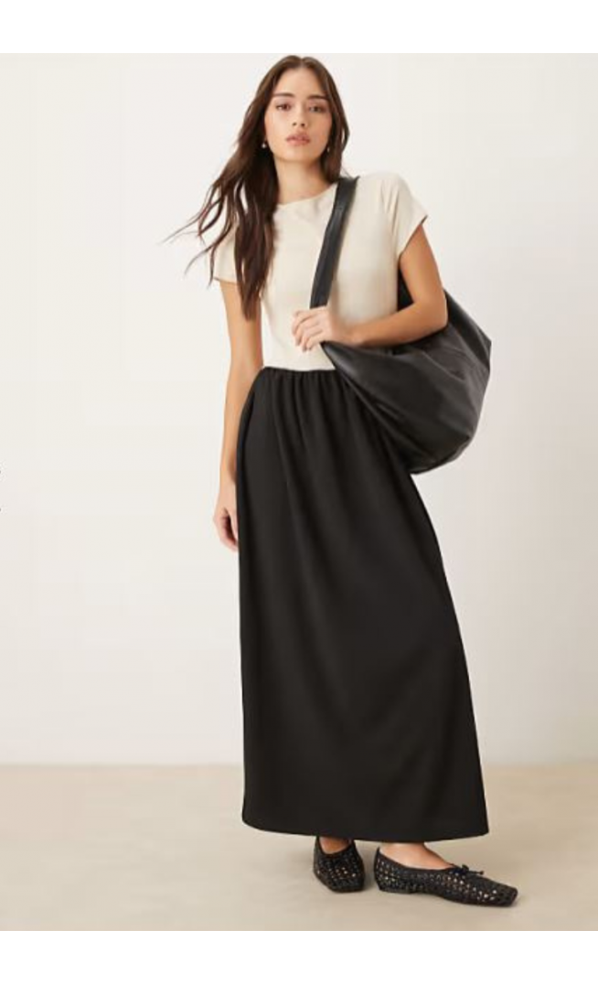 ASOS DESIGN slash neck hybrid dropped waist maxi dress in black and white