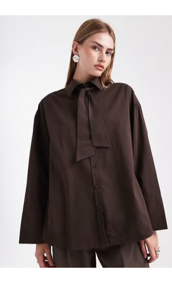 ASOS DESIGN oversized tie neck shirt in chocolate