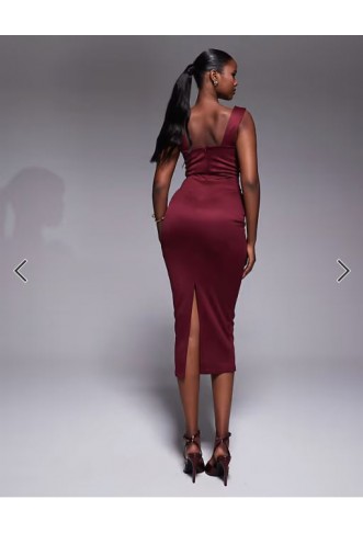 ASOS DESIGN square neck pleat bust midi pencil dress in burgundy