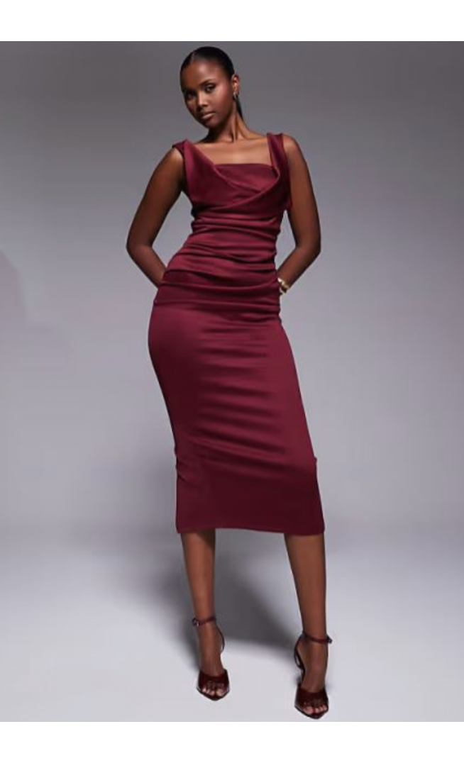 ASOS DESIGN square neck pleat bust midi pencil dress in burgundy