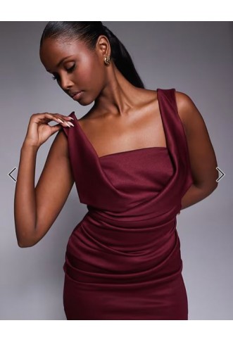 ASOS DESIGN square neck pleat bust midi pencil dress in burgundy