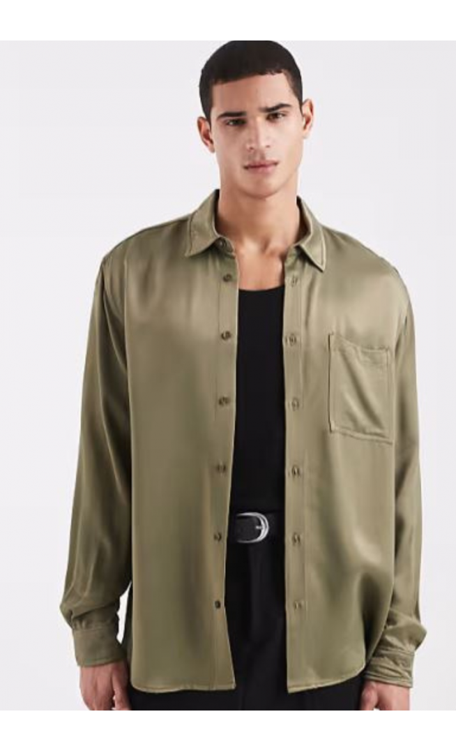 ASOS DESIGN relaxed satin shirt in khaki