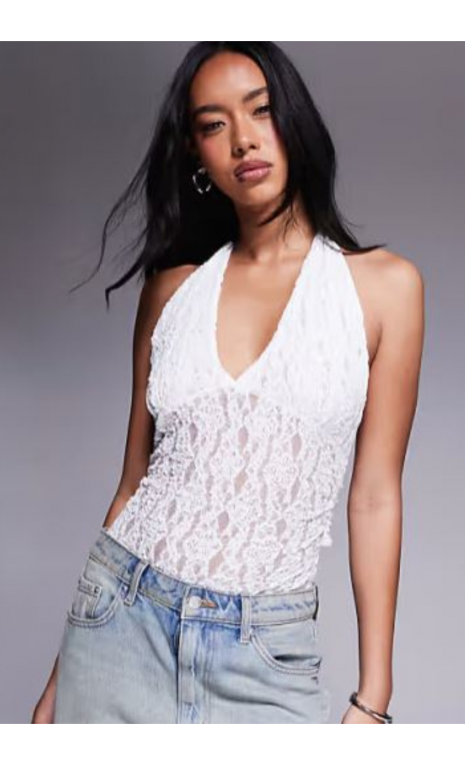 ASOS DESIGN lace plunge halter neck bodysuit in white