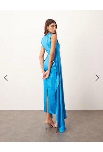 ARRANGE satin square cut maxi dress with twist shoulder in azure blue